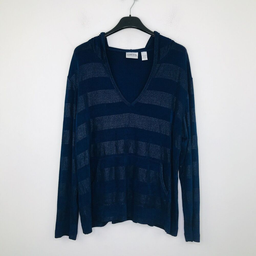 Chico's Travelers 3 Women 16 Shirt Blue Striped Slinky Knit Hooded Pullover CD13